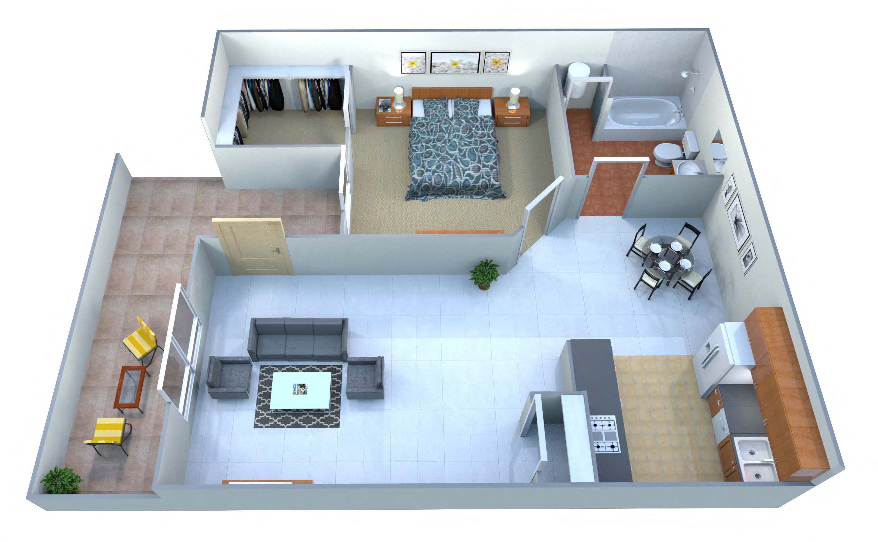 Floor plan for 1 bed, 1 bath, 574 sqft